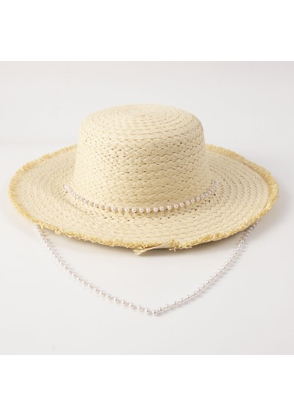 Ilkbahar ve Yaz Inci Kolye Ham Kenar Güneşlik Dokuma Düz Üst Hasır Şapka Püskül Güneşlik Güneş Kremi Plaj Şapkası Katlanabilir Şapka (Yurt Dışından)