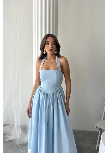 Mavi Boyundan Bağlamalı Keten Elbise modelleri
