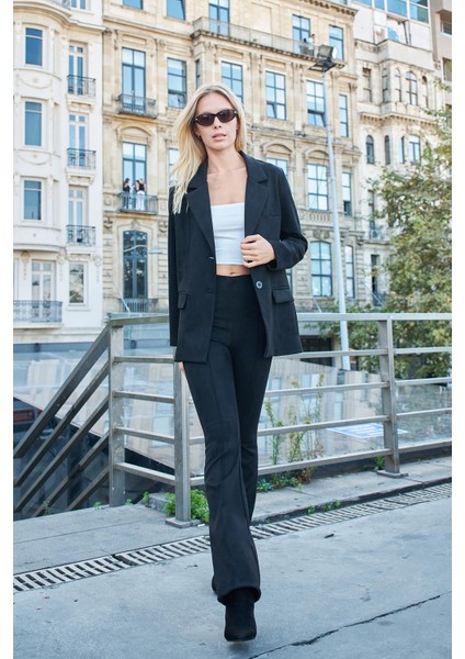 Kadın Hafif Likralı Kışlık Suni Süet Kumaş Düğmeli Uzun Kol Blazer Oversize Ceket-Siyah fiyatları