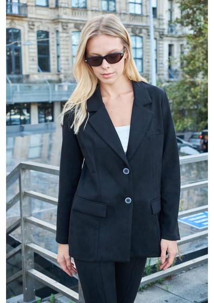 Kadın Hafif Likralı Kışlık Suni Süet Kumaş Düğmeli Uzun Kol Blazer Oversize Ceket-Siyah modelleri
