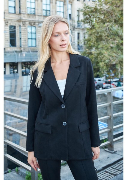 Kadın Hafif Likralı Kışlık Suni Süet Kumaş Düğmeli Uzun Kol Blazer Oversize Ceket-Siyah fırsatları