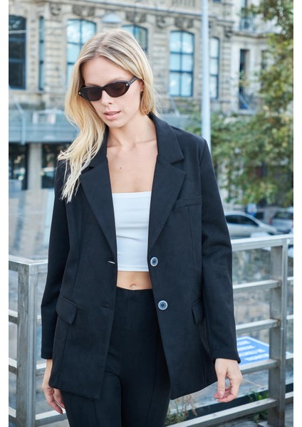 Kadın Hafif Likralı Kışlık Suni Süet Kumaş Düğmeli Uzun Kol Blazer Oversize Ceket-Siyah indirimleri