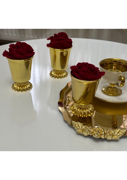 3 Adet Gold Renk Desenli Ayaklı Gül Kovası Kırmızı Güller Dahildir