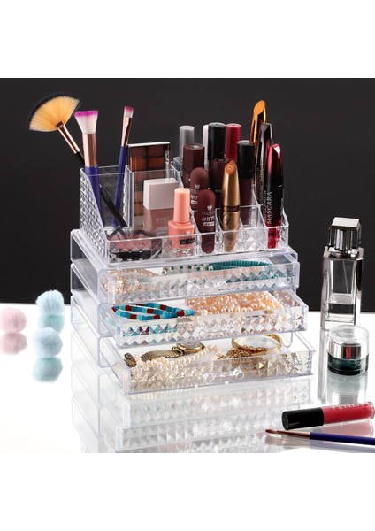 Şık 3 Çekmeceli Makyaj Organizer Seti Desenli, Beyaz, Havalı ve Kullanışlı Tasarım