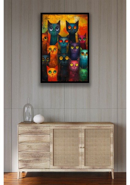 Kedi Resim Illüstrasyon Şık Ahşap Tablo Modeli, Estetik, Oturma Odası, Salon, Ofis, Ev Dekorasyonu