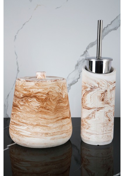 4 Parça Mermer Desenli Beton Banyo Wc Seti Tuvalet Fırçası Çöp Kovası 4 Litre