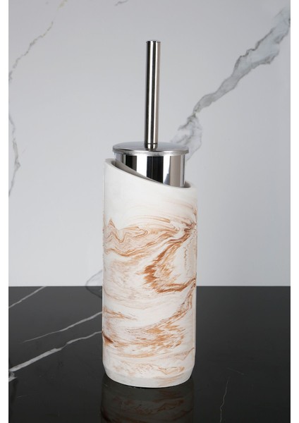 4 Parça Mermer Desenli Beton Banyo Wc Seti Tuvalet Fırçası Çöp Kovası 4 Litre