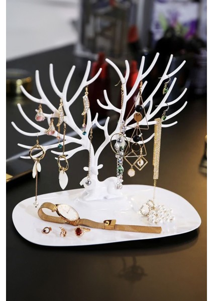 Şık Beyaz Renkli Geyik Boynuzu Tasarımlı Takı ve Mücevher Organizeri