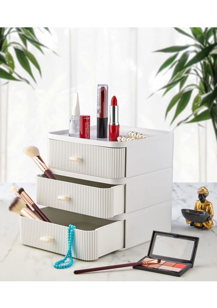 Beyaz 3 Çekmeceli Çok Fonksiyonlu Düzenleyici, Makyaj ve Takı Organizer