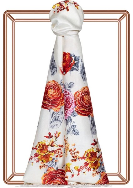 Beyaz Irem Bağı Desenli Ipek Şal