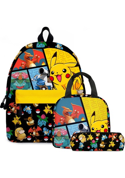 Pikachu 3'lü Sırt Çantası Öğrenci Okul Çantası Kalem Kutusu Öğle Yemeği Çantası (Yurt Dışından)