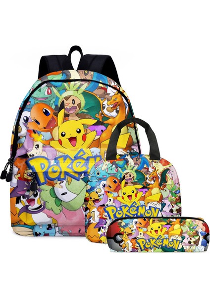 Pikachu 3'lü Sırt Çantası Öğrenci Okul Çantası Kalem Kutusu Öğle Yemeği Çantası (Yurt Dışından)