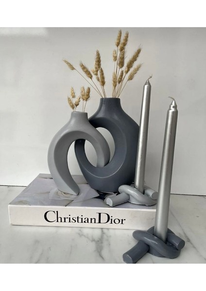 Dekoratif 4 Parça Vazo ve Şamdan Mumluk Takımı 2 Parça Sevgili Sarmaşık Vazo 2 Parça Sarmaşık Şamdan Mumluk Bohem Tarz Koyu Gri Açık Gri Vazo Seti Hediyelik Eşya