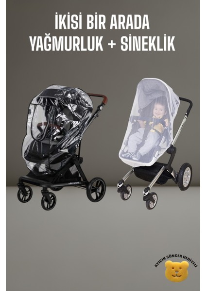 2 Si Bir Arada Fermuarlı Fitalatsız Bebek Arabası Yağmurluğu + Bebek Arabası Sinekliği