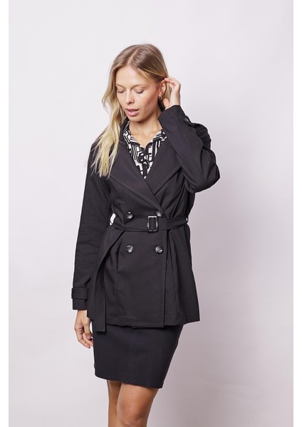 Kadın Kruvaze Anvelop Kemerli Hafif Likralı Kumaş Trençkot Ceket-Siyah modelleri