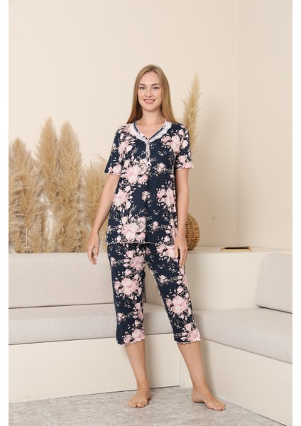 Angelique Bambu Kumaş Kısa Kol Dantel Detaylı Kadın Kapri Takım 22270