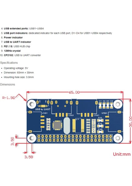 Raspberry Pi Için 4 Port USB Hub Hat, Usb'den Uart'a Dahili (Yurt Dışından)