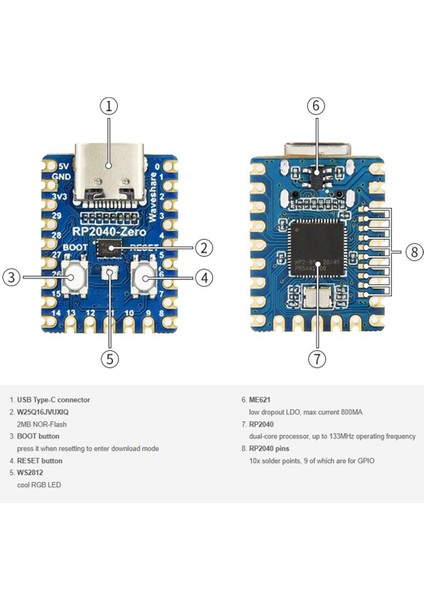 RP2040-ZERO Mikrodenetleyici Geliştirme Kartı Raspberry Pi RP2040 Çift Çekirdekli Cortex M0+ Işlemci 2mb Flash 10 Adet (Yurt Dışından)