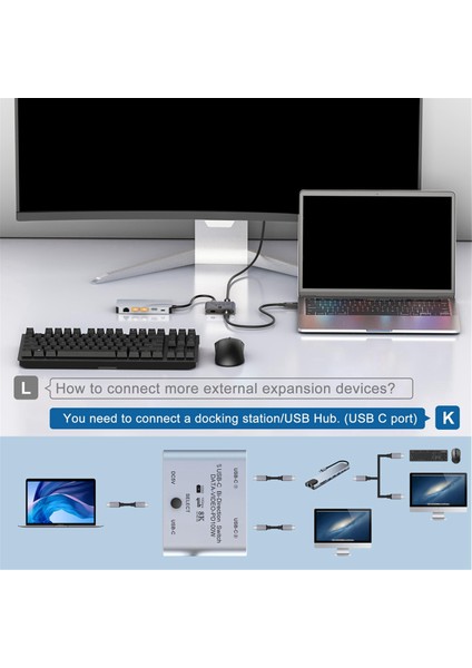 2 Bilgisayar Için Anahtar Ayırıcı, Çift Yönlü USB C Kvm Anahtarı 1 Giriş 2 Çıkış 8K@60Hz/4K@144Hz Video Aktarımı 10GBPS (Yurt Dışından)