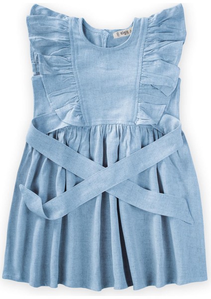 Yanları Bağcıklı Keten Elbise 2-7 Yaş Mavi