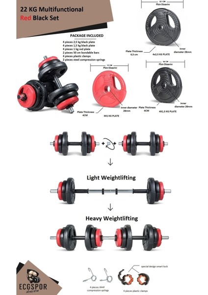 22 kg Grip Plate Multifonksiyonel Turuncu Siyah Halter Seti ve Dambıl Seti