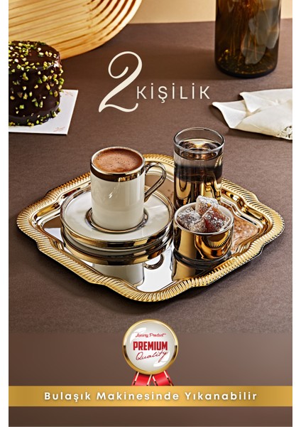2 Kişilik Tepsili Gold Porselen Fincan Seti Damat Kahvesi-Söz Nişan Türk Kahvesi Kahve Fincanı