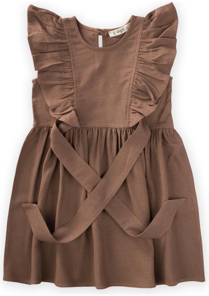 Yanları Bağcıklı Keten Elbise 2-7 Yaş Caramel