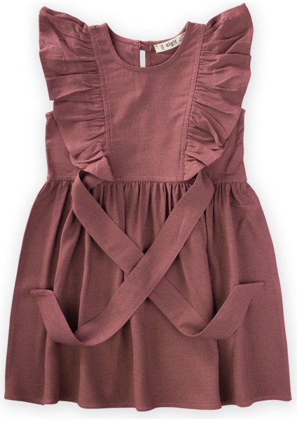 Yanları Bağcıklı Keten Elbise 2-7 Yaş Mürdüm