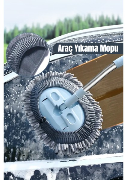 Mikrofiber Araba Yıkama Fırçası Uzun Saplı Detay Fırçası Oto Mopu- Temizlik Bezi Hediyeli