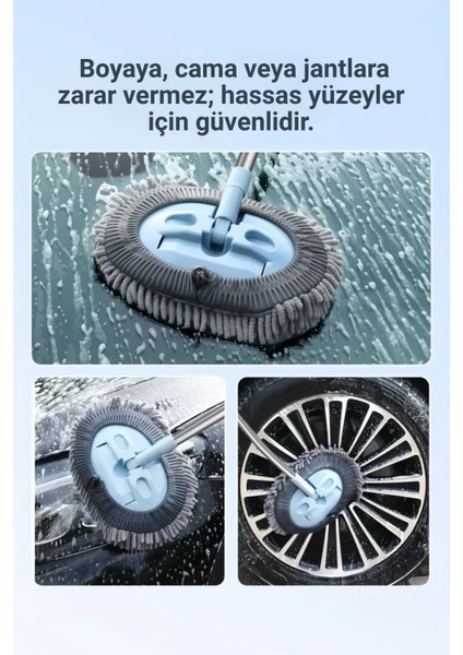 Mikrofiber Araba Yıkama Fırçası Uzun Saplı Detay Fırçası Oto Mopu- Temizlik Bezi Hediyeli