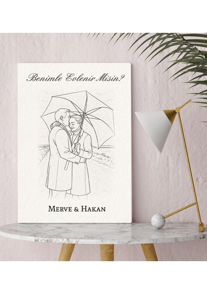 Kişiye Özel Line Art Çizimli Benimle Evlenir Misin Kanvas TABLO-1(50X70CM), Özel Çizim Evlilik Teklifi Tablo, Romantik Evlenme Teklifi Fikri modelleri