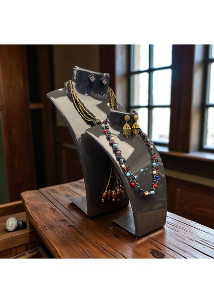 Akrilik Kolye Standı, Takı Teşhir ve Saklama, Antrasit Gri 2'li Set