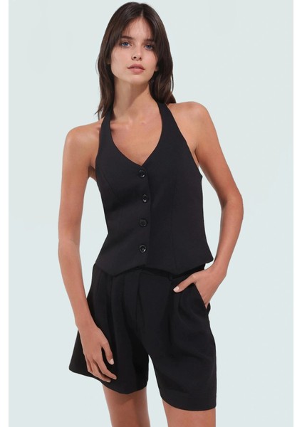 Halter Yaka Yelek Şort Takım Yazın Şıklığı Için Rahat Finike Dokuma Mükemmel Uyum Uzun Ömürlü