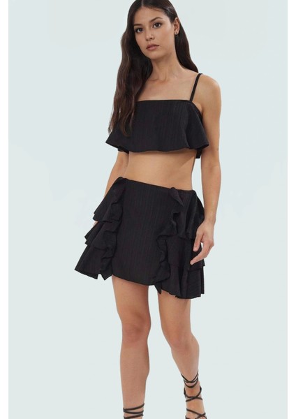 Pamuklu Fitilli Plaj Takımı Carmen Yaka Kısa Bluz ve Etek Profesyonel Görünüm Mükemmel Uyum