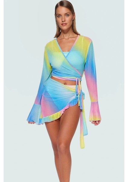 Degrade Desenli Yazlık Plaj Takımı Rahat Fitted Örme Bluz Etek Şık Görünüm Kullanım