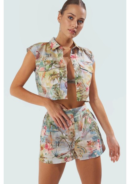 Pamuklu Yazlık Plaj Takımı Tropikal Desen Fitted Kalıp Özenle Seçilmiş Yüksek Kalite Modern Stil