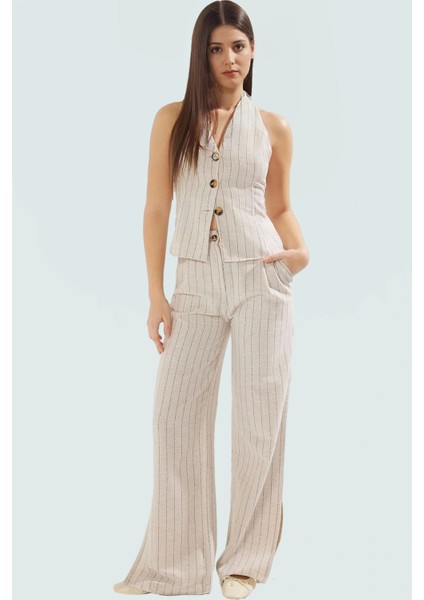 Rahat Çizgili Keten Takım Yelek ve Geniş Paça Pantolon Kaliteli Işçilik Mükemmel Uyum