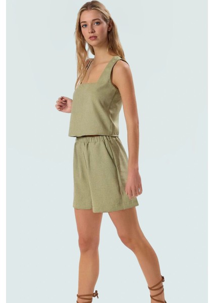 Yazlık Keten Görünümlü Kadın Takım Elbise Şort ve Bluz Yüksek Bel Rahat Şık