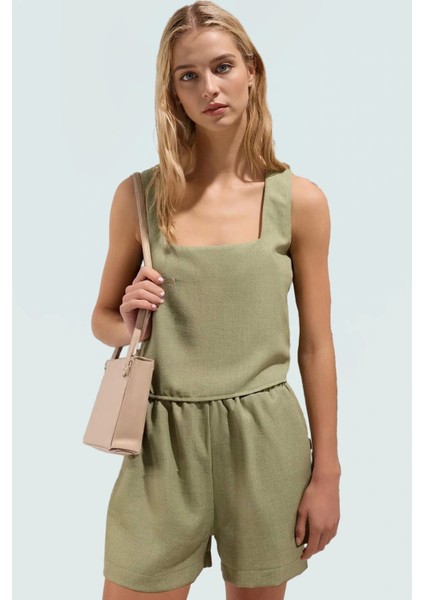 Yazlık Keten Görünümlü Kadın Takım Elbise Şort ve Bluz Yüksek Bel Rahat Şık fiyatları