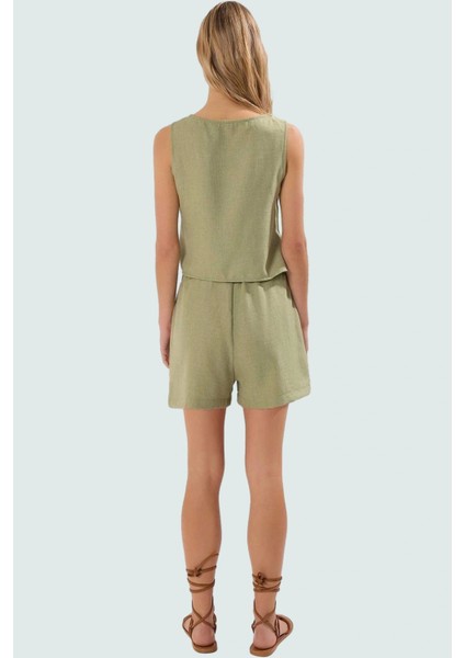 Yazlık Keten Görünümlü Kadın Takım Elbise Şort ve Bluz Yüksek Bel Rahat Şık modelleri