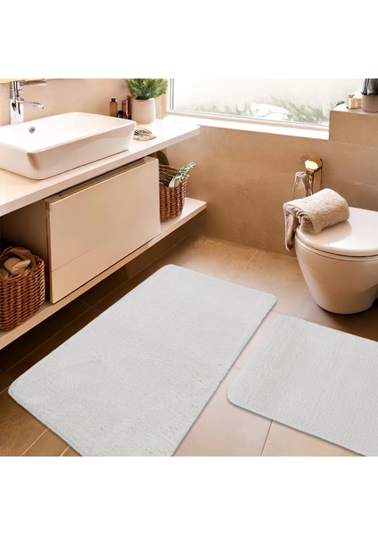 2'li Peluş Banyo Paspası Takımı – Yumuşak Kaymaz Tabanlı Klozet Takımı 60X50 - 60X100 Krem