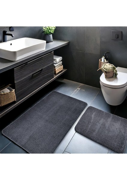 2'li Peluş Banyo Paspası Takımı – Yumuşak Kaymaz Tabanlı Klozet Takımı 60X50 - 60X100 Koyu Gri
