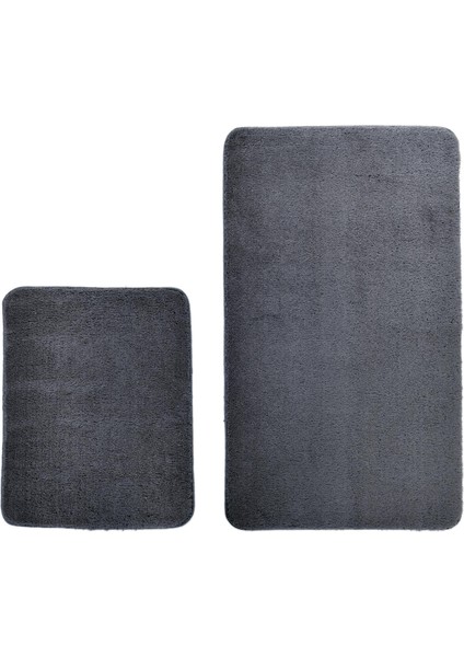 2'li Peluş Banyo Paspası Takımı – Yumuşak Kaymaz Tabanlı Klozet Takımı 60X50 - 60X100 Koyu Gri