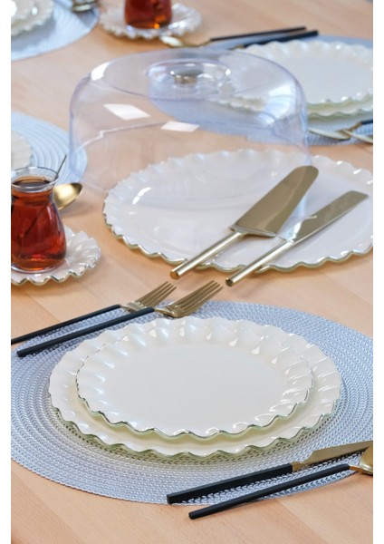 Solid Krem Wavy Platin Yaldızlı 6 Kişilik 34 Parça Pasta Servis Takımı