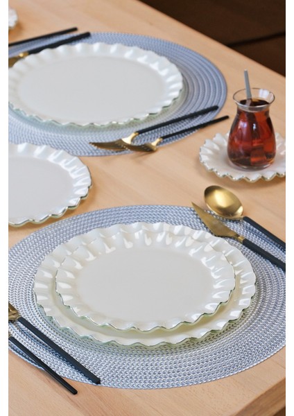 Solid Krem Wavy Platin Yaldızlı 6 Kişilik 34 Parça Pasta Servis Takımı