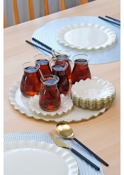 Solid Krem Wavy Platin Yaldızlı 6 Kişilik 34 Parça Pasta Servis Takımı