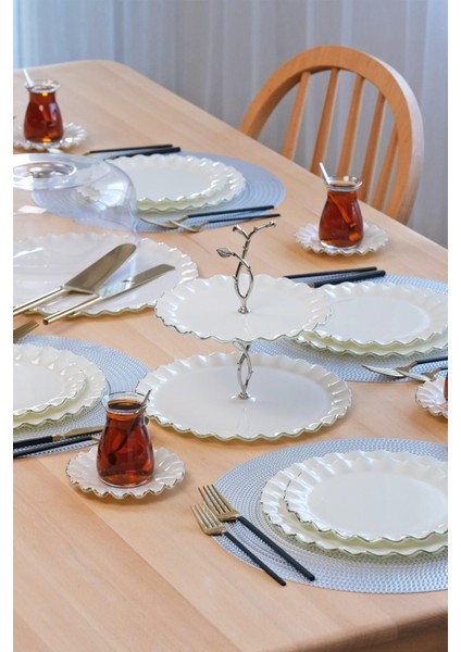 Solid Krem Wavy Platin Yaldızlı 6 Kişilik 34 Parça Pasta Servis Takımı