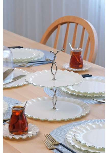 Solid Krem Wavy Platin Yaldızlı 6 Kişilik 34 Parça Pasta Servis Takımı