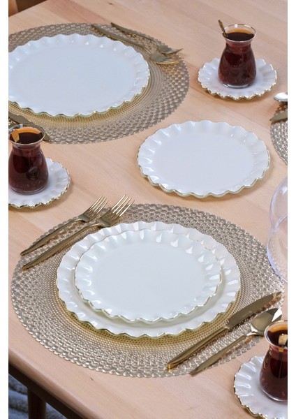 Solid Krem Wavy Altın Yaldızlı 6 Kişilik 26 Parça Pasta Takımı