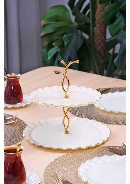 Solid Krem Wavy Altın Yaldızlı 6 Kişilik 26 Parça Pasta Takımı